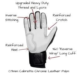 Bruce Bolt PREMIUM PRO Chrome Series Long Cuff Batting Gloves: Black -Baseball Equipment Store LC CHRB PALM CALLOUTS